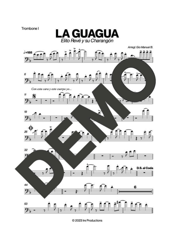 Elito Revé y Su Charangón – La Guagua – First Page of Sheet Music Preview (PDF) – Includes charts for Trumpets, Trombones, Saxophone, Piano and Bass