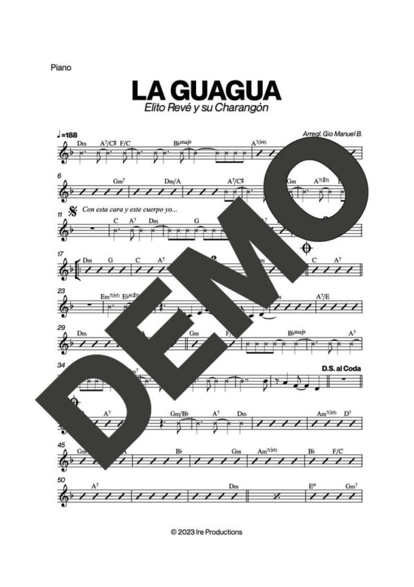 Elito Revé y Su Charangón – La Guagua – Sheet Music Demo Page 2 (PDF) – Includes charts for Trumpets, Trombones, Saxophone, Piano and Bass