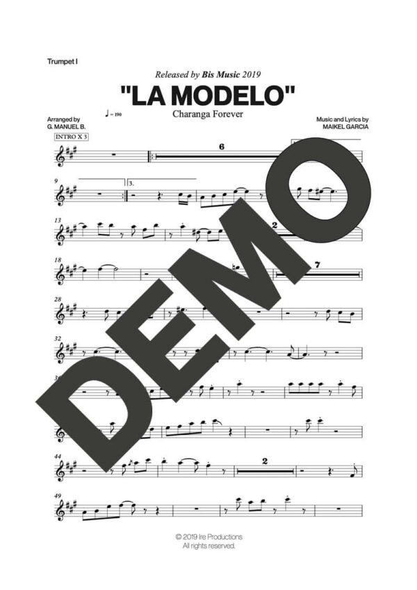 Charanga Forever – La Modelo – Sheet Music Demo Page 1 (PDF) – Includes charts for Trumpets, Trombones, Saxophone, Piano and Bass