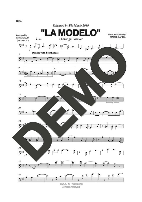 Charanga Forever – La Modelo – Sheet Music Demo Page 4 (PDF) – Includes charts for Trumpets, Trombones, Saxophone, Piano and Bass