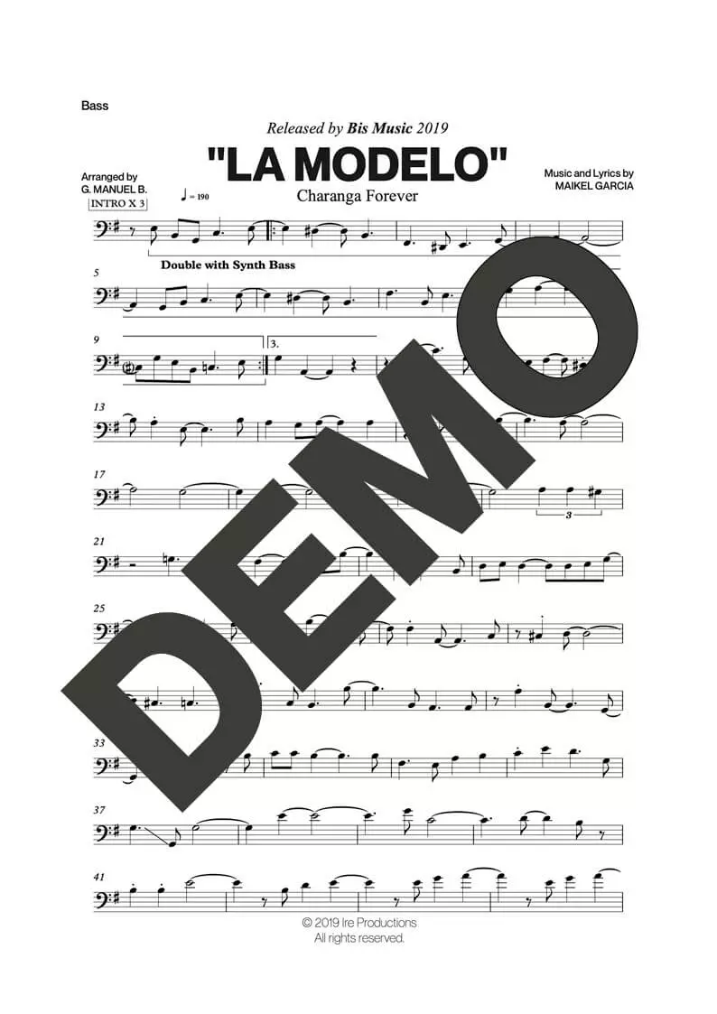 Charanga Forever – La Modelo – Sheet Music Demo Page 4 (PDF) – Includes charts for Trumpets, Trombones, Saxophone, Piano and Bass