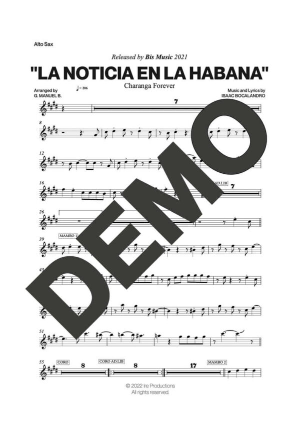 Charanga Forever – La Noticia en La Habana – First Page of Sheet Music Preview (PDF) – Includes charts for Trumpets, Trombones, Saxophone, Piano and Bass