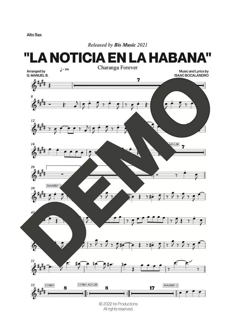 Charanga Forever – La Noticia en La Habana – First Page of Sheet Music Preview (PDF) – Includes charts for Trumpets, Trombones, Saxophone, Piano and Bass