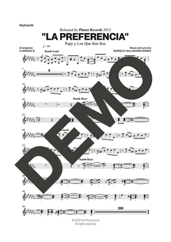 El Noro y Primera Clase|Pupy y Los Que Son Son – La Preferencia – Sheet Music Demo Page 3 (PDF) – Includes charts for Trumpets, Trombones, Saxophone, Piano and Bass