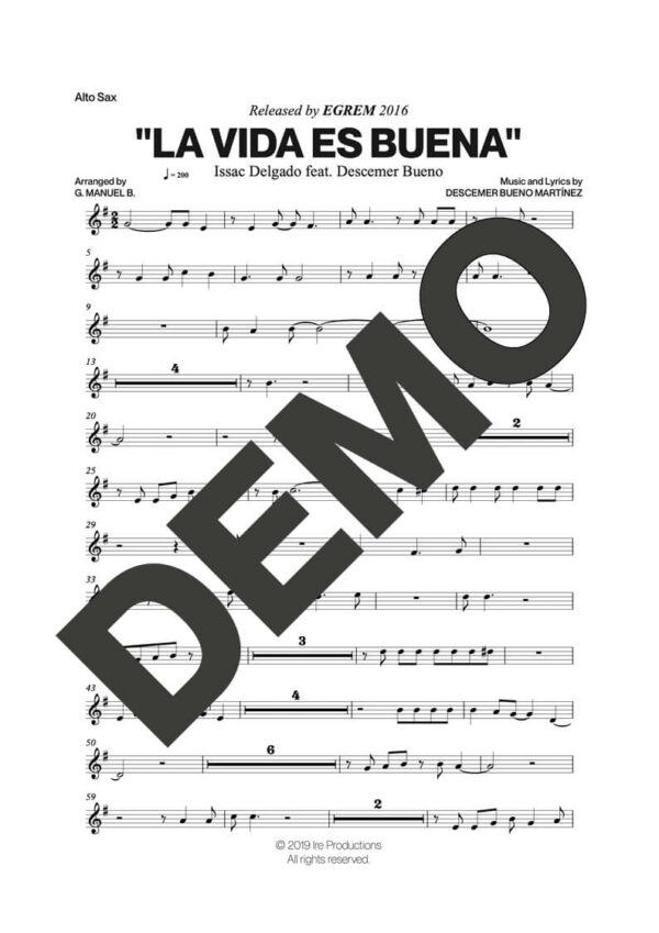 Descemer Bueno|Issac Delgado – La Vida es Buena – First Page of Sheet Music Preview (PDF) – Includes charts for Trumpets, Trombones, Saxophone, Piano and Bass