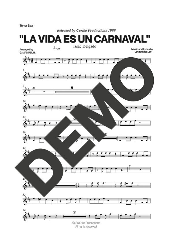 Issac Delgado – La Vida es un Carnaval – First Page of Sheet Music Preview (PDF) – Includes charts for Trumpets, Trombones, Saxophone, Piano and Bass