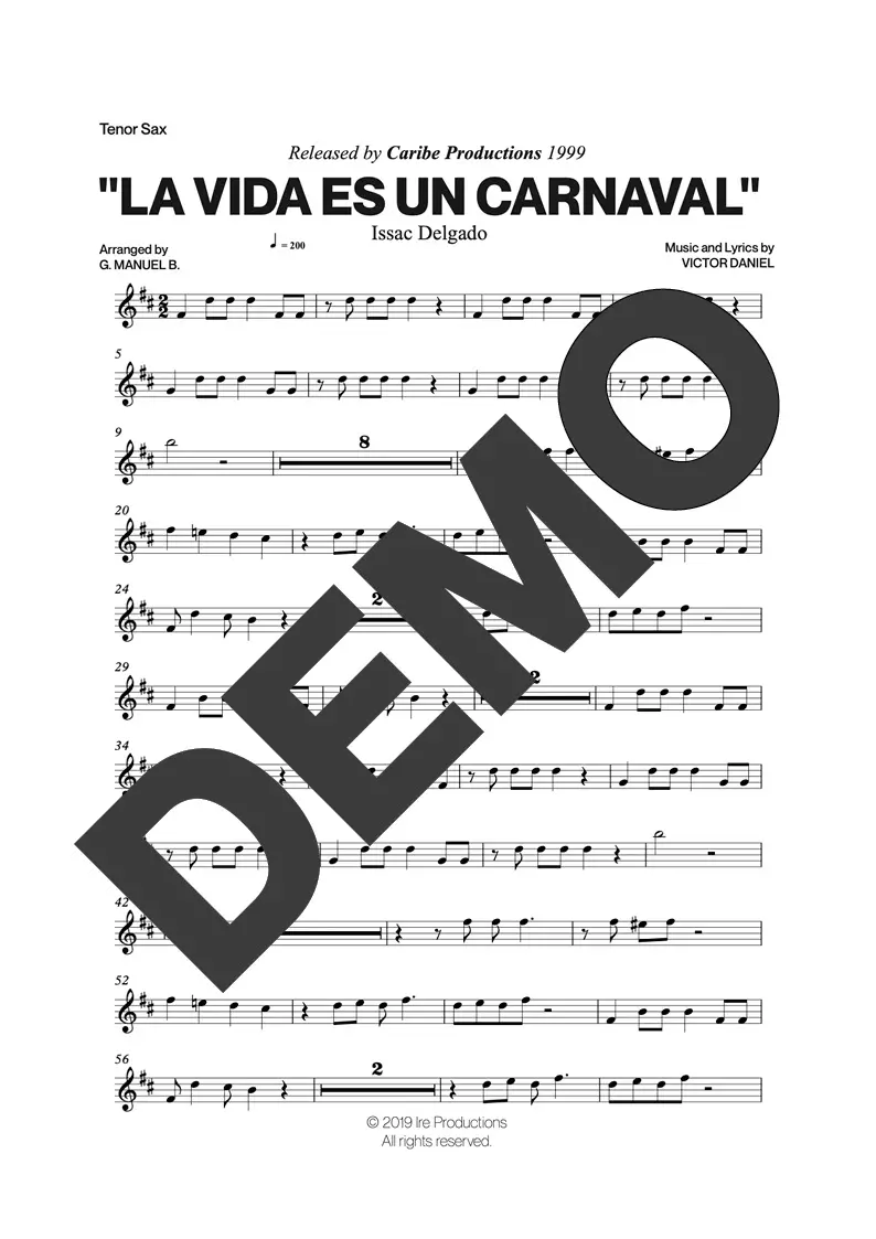 Issac Delgado – La Vida es un Carnaval – First Page of Sheet Music Preview (PDF) – Includes charts for Trumpets, Trombones, Saxophone, Piano and Bass