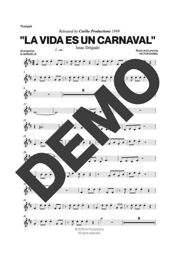 Issac Delgado – La Vida es un Carnaval – Sheet Music Demo Page 1 (PDF) – Includes charts for Trumpets, Trombones, Saxophone, Piano and Bass
