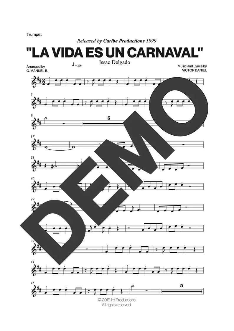 Issac Delgado – La Vida es un Carnaval – Sheet Music Demo Page 1 (PDF) – Includes charts for Trumpets, Trombones, Saxophone, Piano and Bass
