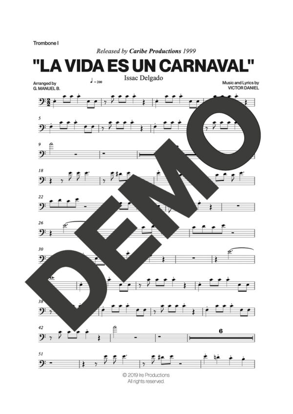Issac Delgado – La Vida es un Carnaval – Sheet Music Demo Page 2 (PDF) – Includes charts for Trumpets, Trombones, Saxophone, Piano and Bass