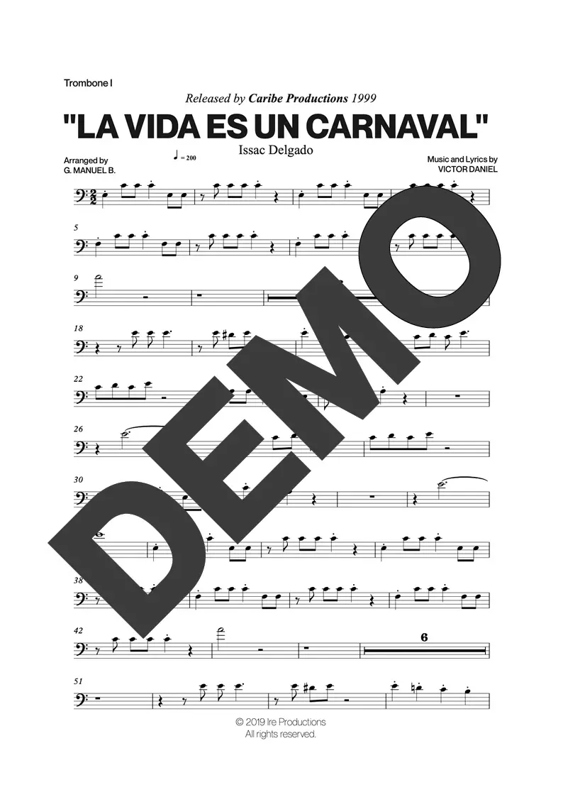 Issac Delgado – La Vida es un Carnaval – Sheet Music Demo Page 2 (PDF) – Includes charts for Trumpets, Trombones, Saxophone, Piano and Bass