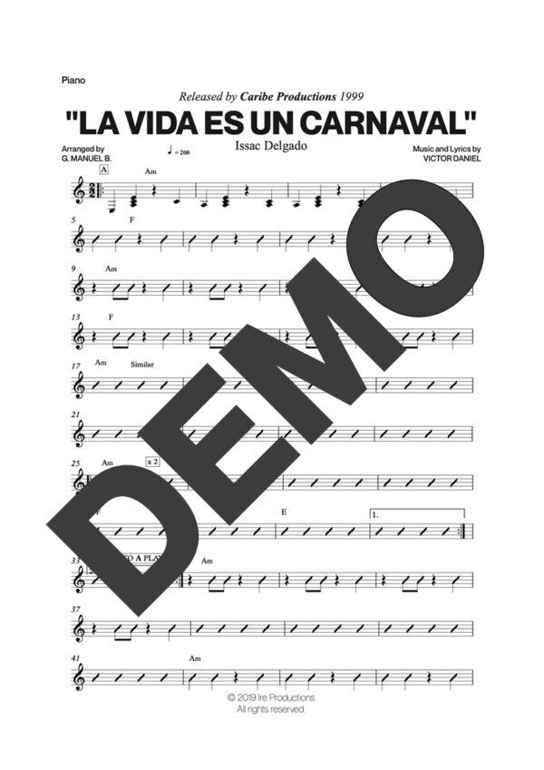 Issac Delgado – La Vida es un Carnaval – Sheet Music Demo Page 3 (PDF) – Includes charts for Trumpets, Trombones, Saxophone, Piano and Bass