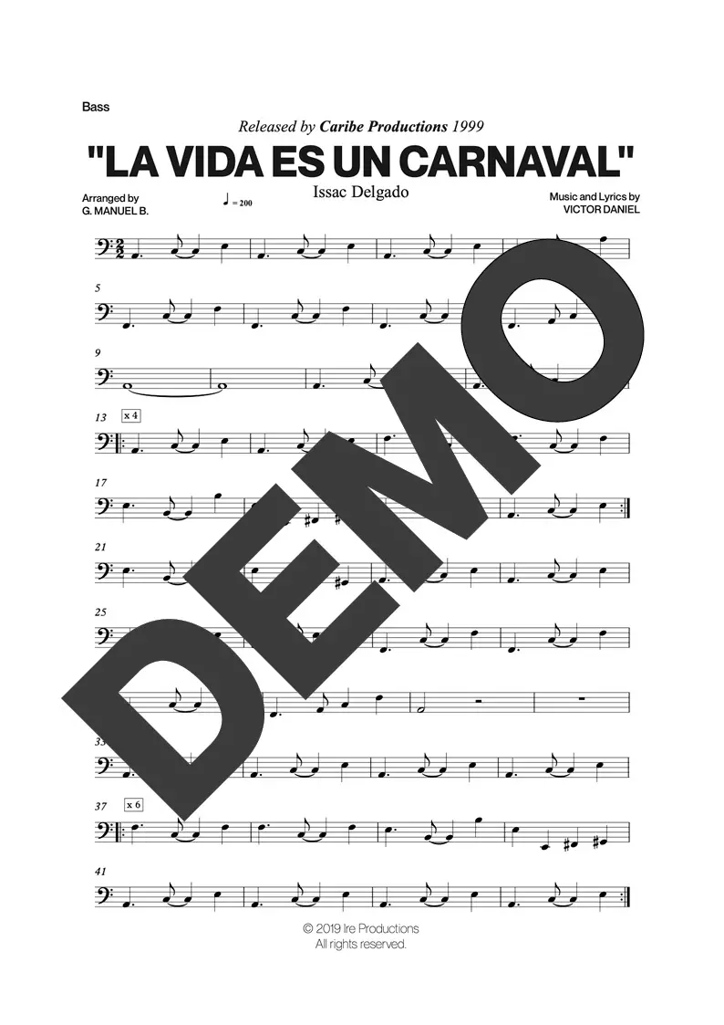 Issac Delgado – La Vida es un Carnaval – Sheet Music Demo Page 4 (PDF) – Includes charts for Trumpets, Trombones, Saxophone, Piano and Bass