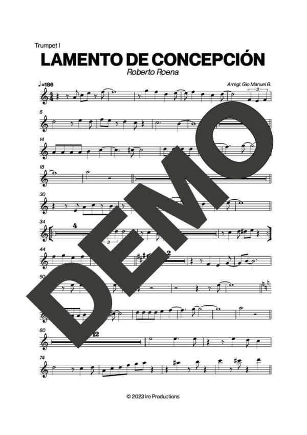 Roberto Roena – Lamento de Concepción – First Page of Sheet Music Preview (PDF) – Includes charts for Trumpets, Trombones, Saxophone, Piano and Bass
