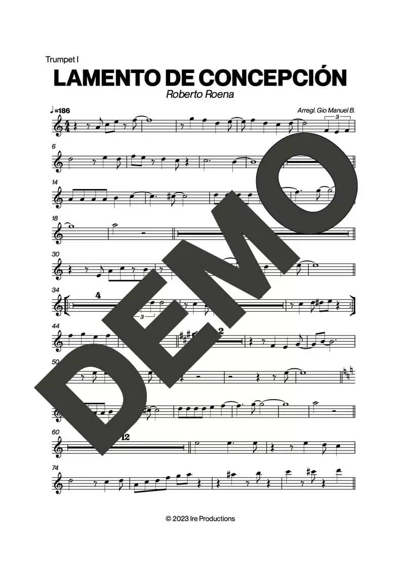 Roberto Roena – Lamento de Concepción – First Page of Sheet Music Preview (PDF) – Includes charts for Trumpets, Trombones, Saxophone, Piano and Bass