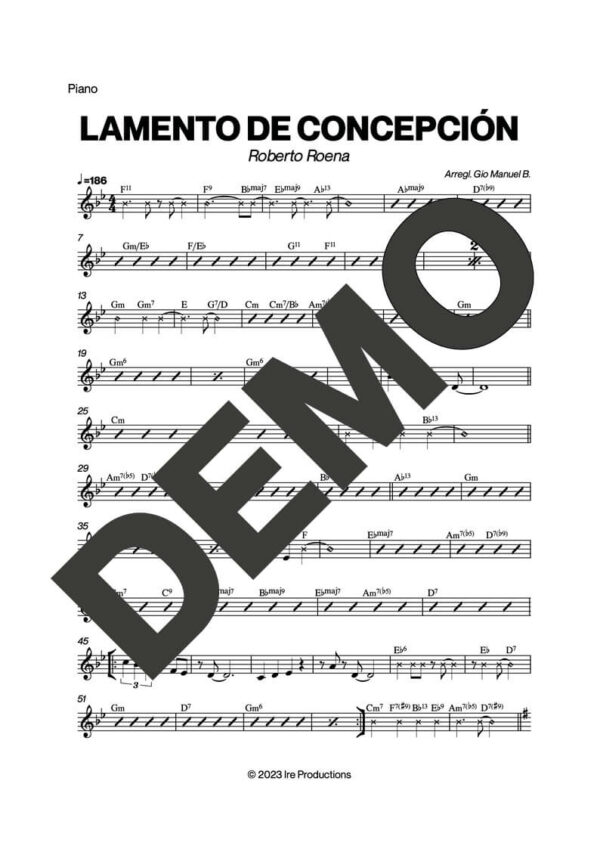 Roberto Roena – Lamento de Concepción – Sheet Music Demo Page 2 (PDF) – Includes charts for Trumpets, Trombones, Saxophone, Piano and Bass