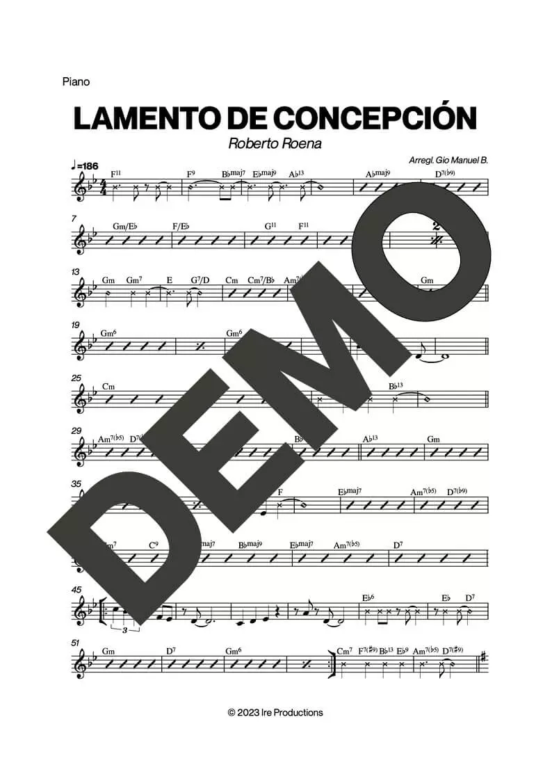 Roberto Roena – Lamento de Concepción – Sheet Music Demo Page 2 (PDF) – Includes charts for Trumpets, Trombones, Saxophone, Piano and Bass