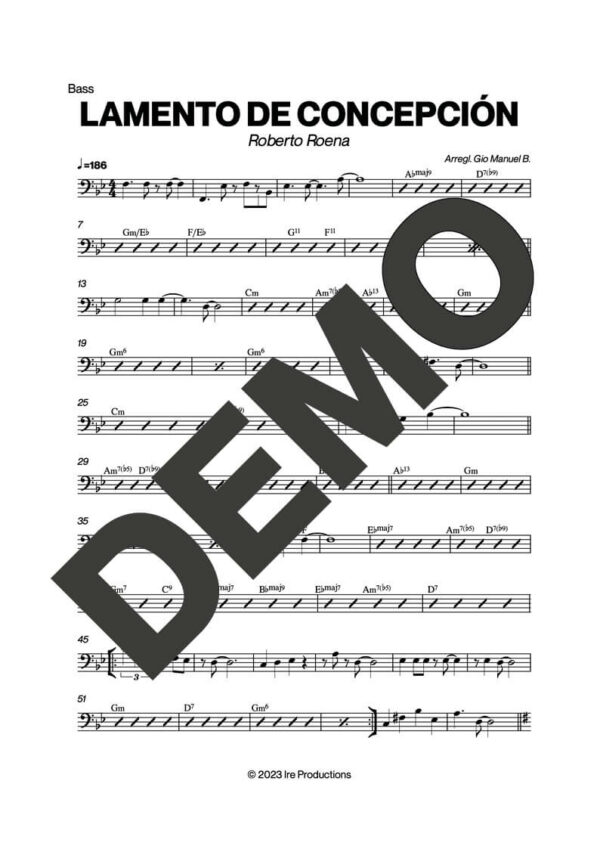 Roberto Roena – Lamento de Concepción – Sheet Music Demo Page 3 (PDF) – Includes charts for Trumpets, Trombones, Saxophone, Piano and Bass