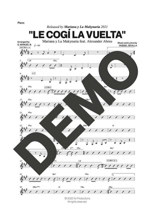 Alexander Abreu|Mariana y la Makynaria – Le Cogí La Vuelta – Sheet Music Demo Page 3 (PDF) – Includes charts for Trumpets, Trombones, Saxophone, Piano and Bass