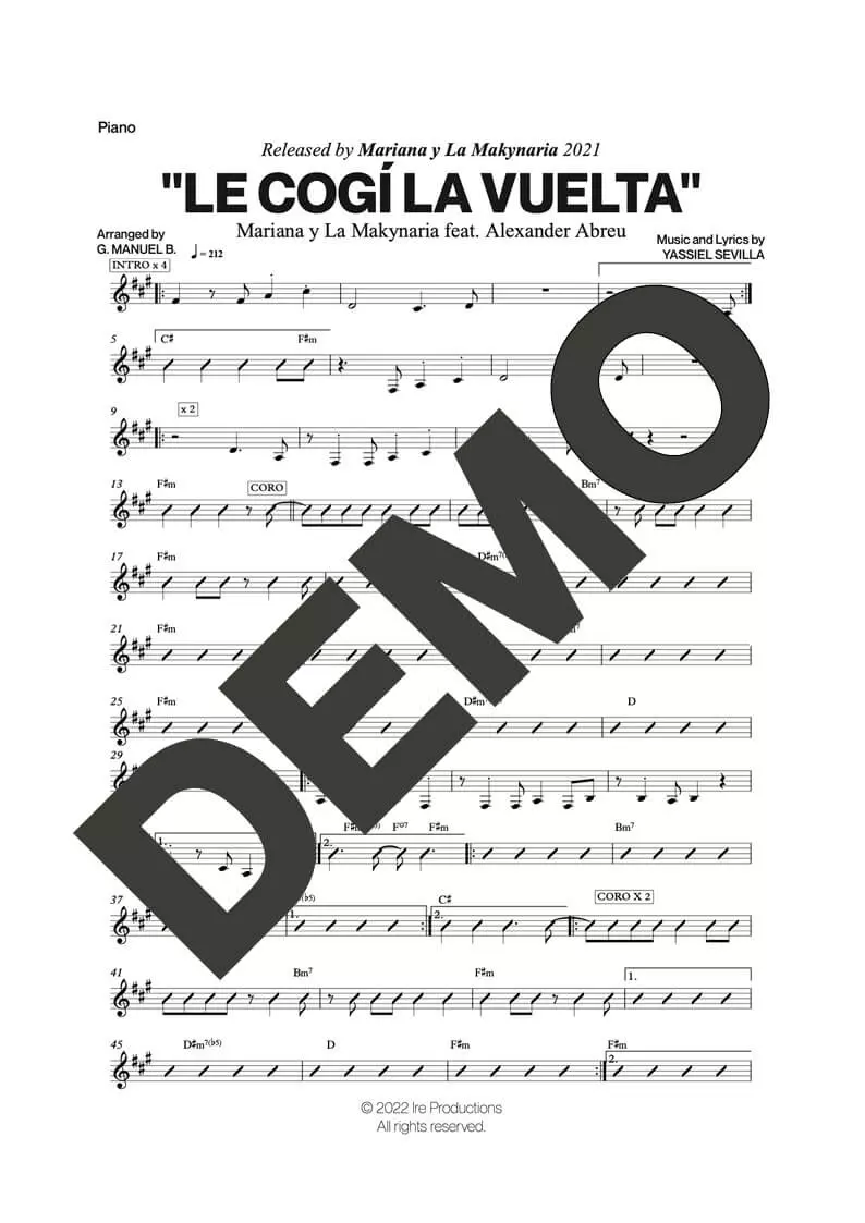 Alexander Abreu|Mariana y la Makynaria – Le Cogí La Vuelta – Sheet Music Demo Page 3 (PDF) – Includes charts for Trumpets, Trombones, Saxophone, Piano and Bass