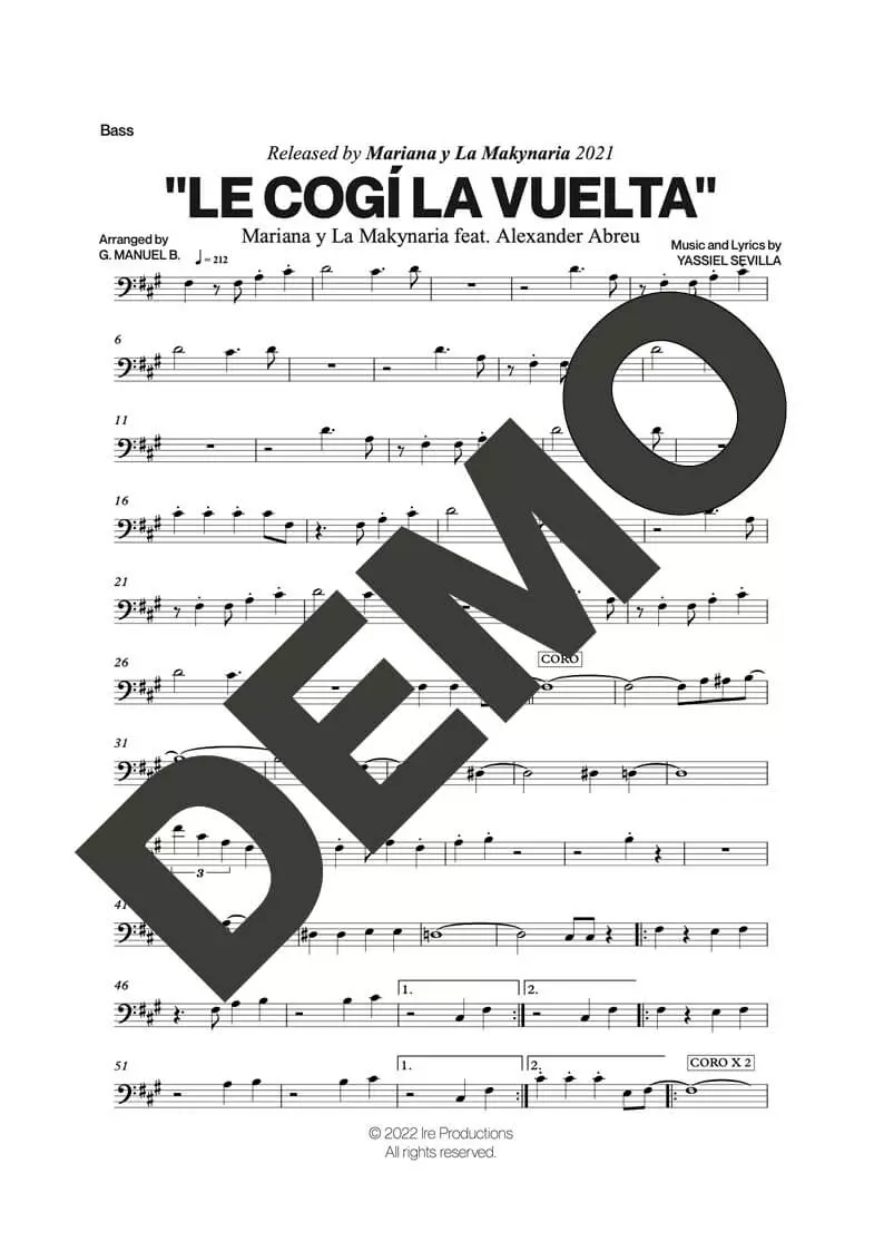 Alexander Abreu|Mariana y la Makynaria – Le Cogí La Vuelta – Sheet Music Demo Page 5 (PDF) – Includes charts for Trumpets, Trombones, Saxophone, Piano and Bass