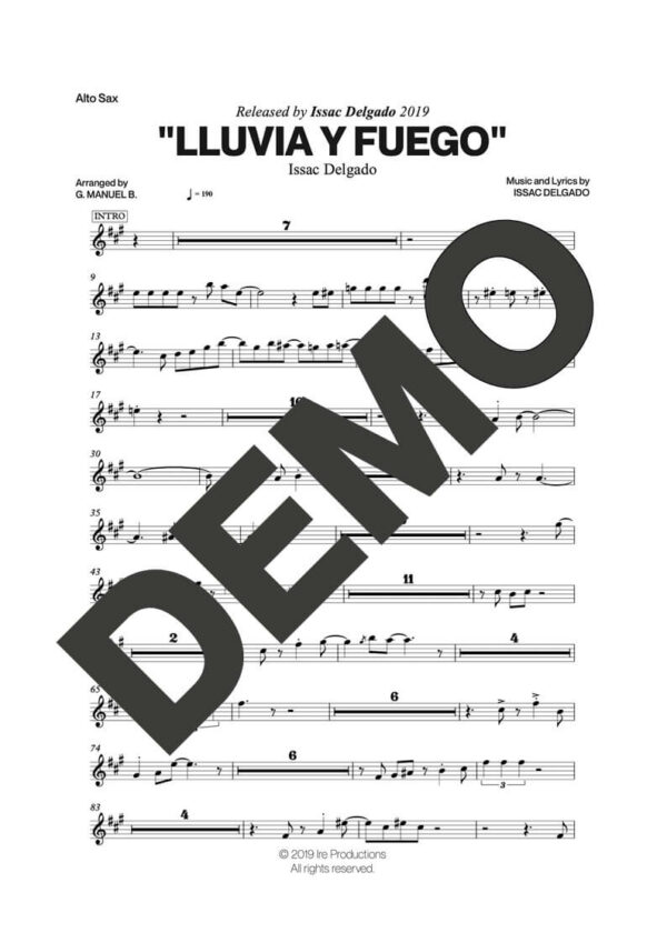 Issac Delgado – Lluvia y Fuego – First Page of Sheet Music Preview (PDF) – Includes charts for Trumpets, Trombones, Saxophone, Piano and Bass