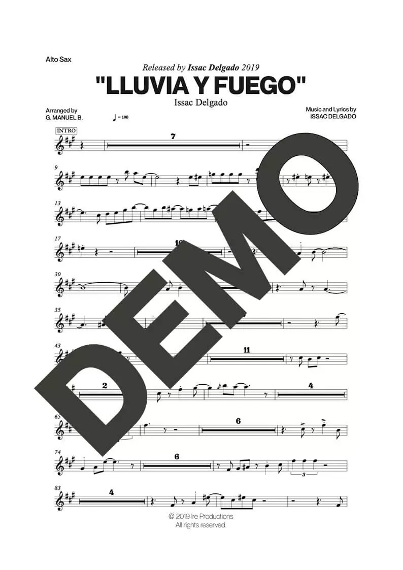 Issac Delgado – Lluvia y Fuego – First Page of Sheet Music Preview (PDF) – Includes charts for Trumpets, Trombones, Saxophone, Piano and Bass