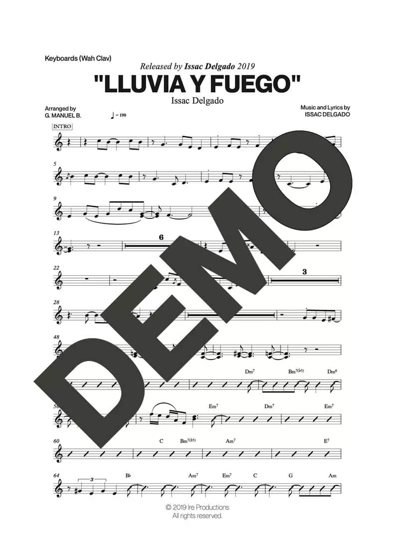Issac Delgado – Lluvia y Fuego – Sheet Music Demo Page 5 (PDF) – Includes charts for Trumpets, Trombones, Saxophone, Piano and Bass