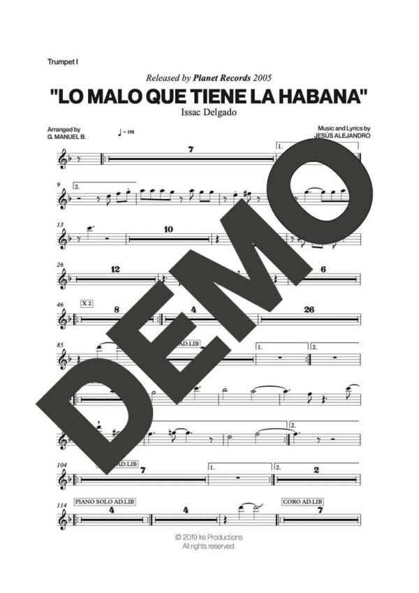 Issac Delgado – Lo Malo que Tiene La Habana – Sheet Music Demo Page 1 (PDF) – Includes charts for Trumpets, Trombones, Saxophone, Piano and Bass