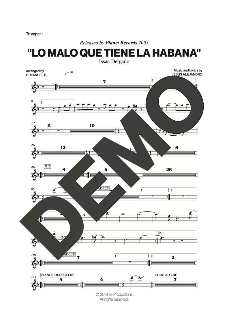 Issac Delgado – Lo Malo que Tiene La Habana – Sheet Music Demo Page 1 (PDF) – Includes charts for Trumpets, Trombones, Saxophone, Piano and Bass