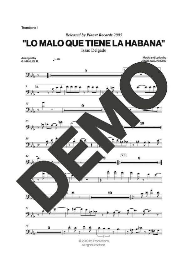 Issac Delgado – Lo Malo que Tiene La Habana – Sheet Music Demo Page 2 (PDF) – Includes charts for Trumpets, Trombones, Saxophone, Piano and Bass