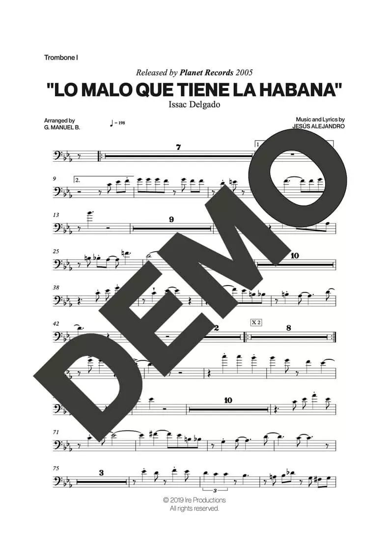 Issac Delgado – Lo Malo que Tiene La Habana – Sheet Music Demo Page 2 (PDF) – Includes charts for Trumpets, Trombones, Saxophone, Piano and Bass