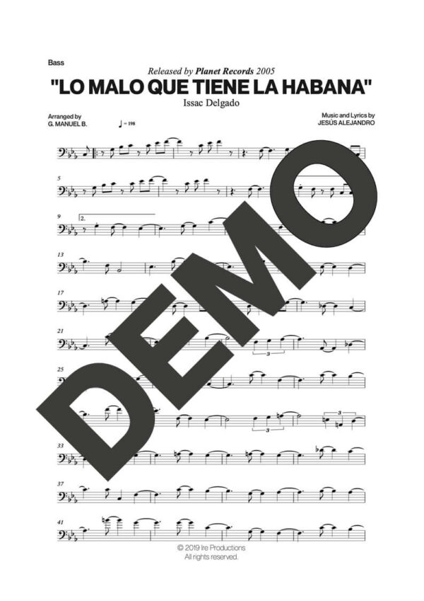 Issac Delgado – Lo Malo que Tiene La Habana – Sheet Music Demo Page 4 (PDF) – Includes charts for Trumpets, Trombones, Saxophone, Piano and Bass