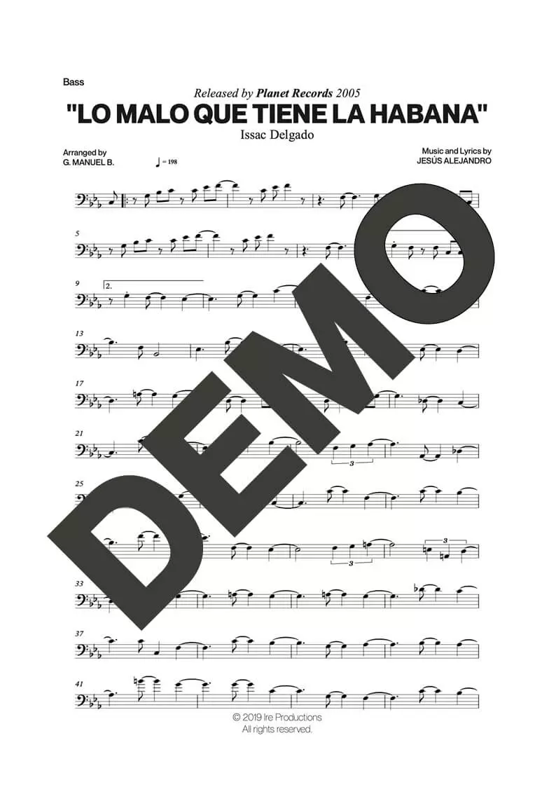 Issac Delgado – Lo Malo que Tiene La Habana – Sheet Music Demo Page 4 (PDF) – Includes charts for Trumpets, Trombones, Saxophone, Piano and Bass