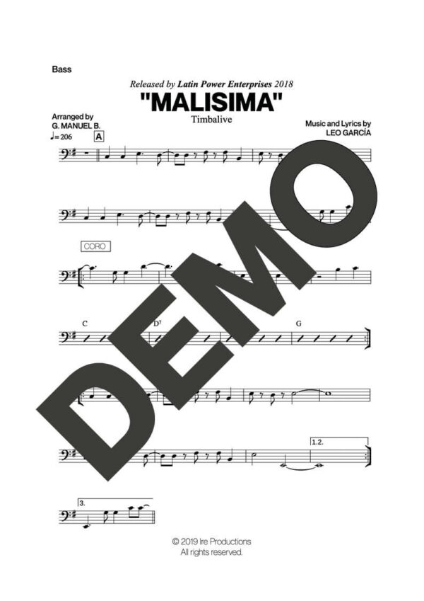 Timbalive – Malisima – Sheet Music Demo Page 3 (PDF) – Includes charts for Trumpets, Trombones, Saxophone, Piano and Bass