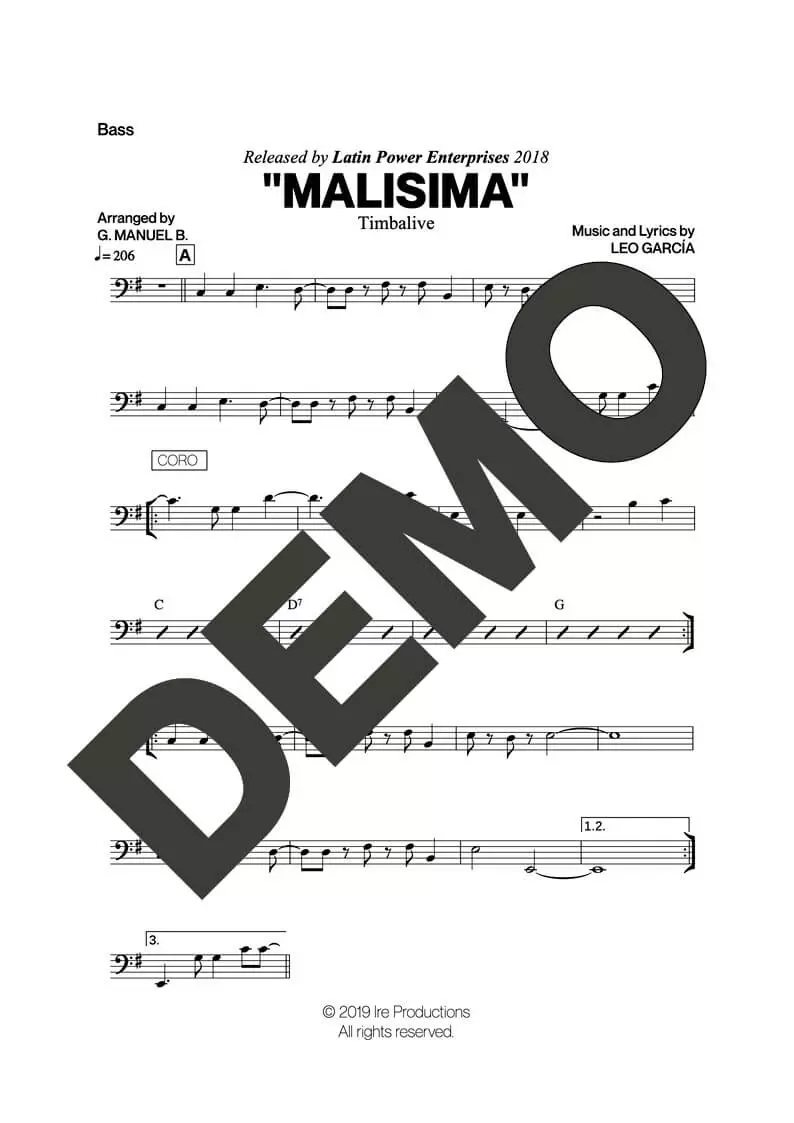 Timbalive – Malisima – Sheet Music Demo Page 3 (PDF) – Includes charts for Trumpets, Trombones, Saxophone, Piano and Bass