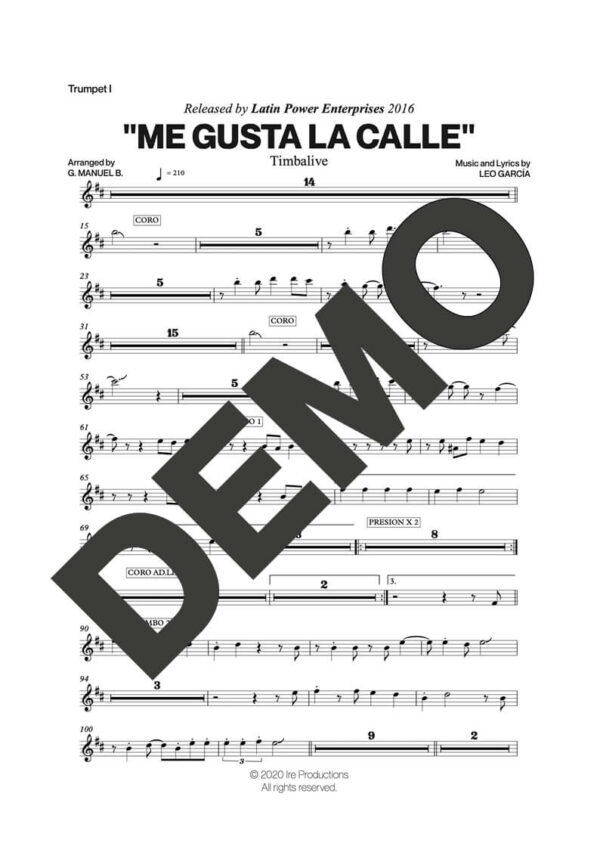 Timbalive – Me Gusta La Calle – Sheet Music Demo Page 1 (PDF) – Includes charts for Trumpets, Trombones, Saxophone, Piano and Bass