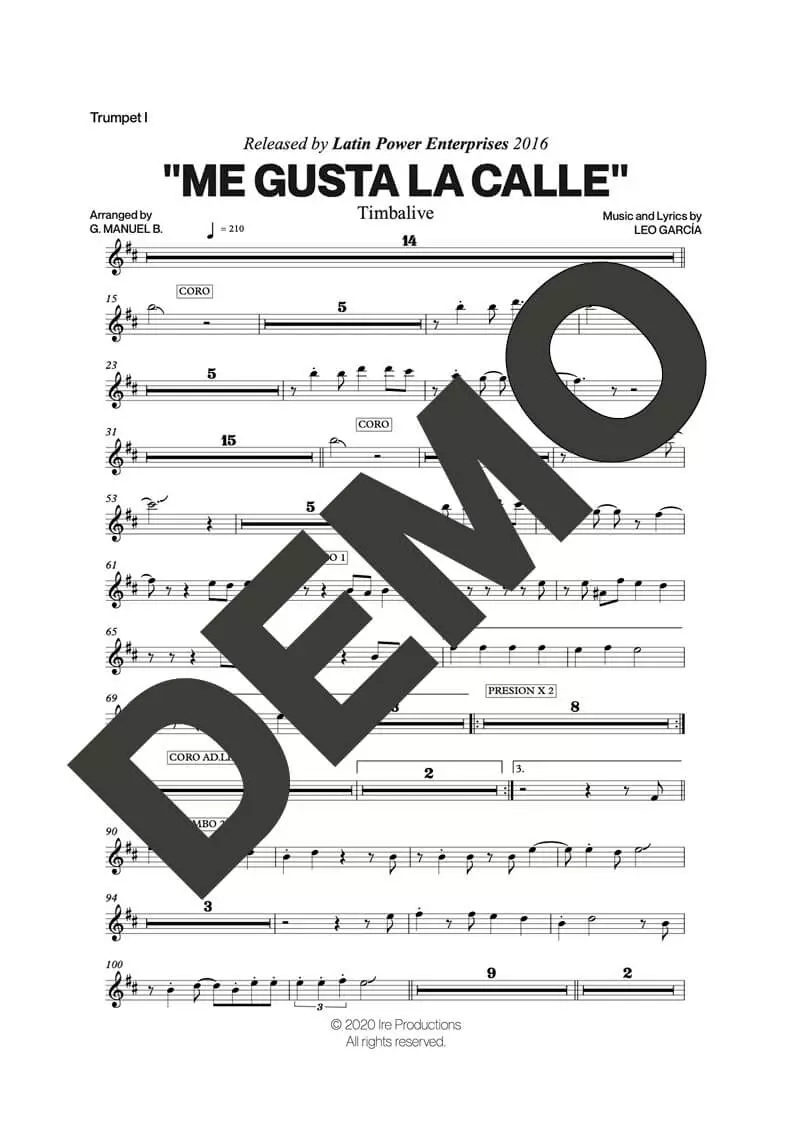 Timbalive – Me Gusta La Calle – Sheet Music Demo Page 1 (PDF) – Includes charts for Trumpets, Trombones, Saxophone, Piano and Bass