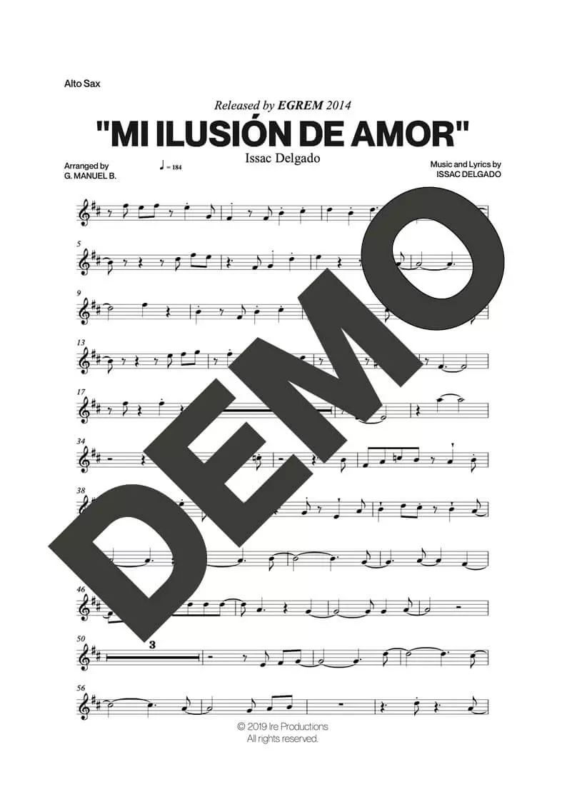 Issac Delgado – Mi Ilusión de Amor – First Page of Sheet Music Preview (PDF) – Includes charts for Trumpets, Trombones, Saxophone, Piano and Bass