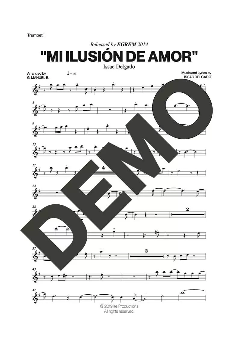 Issac Delgado – Mi Ilusión de Amor – Sheet Music Demo Page 1 (PDF) – Includes charts for Trumpets, Trombones, Saxophone, Piano and Bass