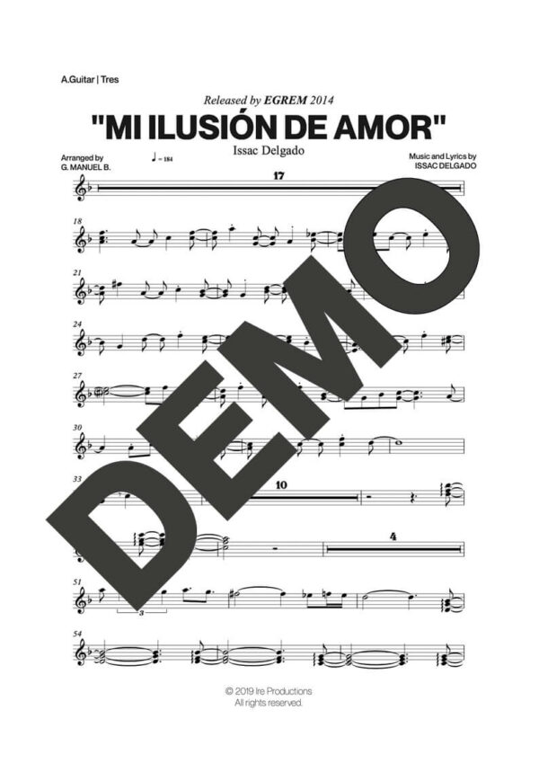 Issac Delgado – Mi Ilusión de Amor – Sheet Music Demo Page 3 (PDF) – Includes charts for Trumpets, Trombones, Saxophone, Piano and Bass