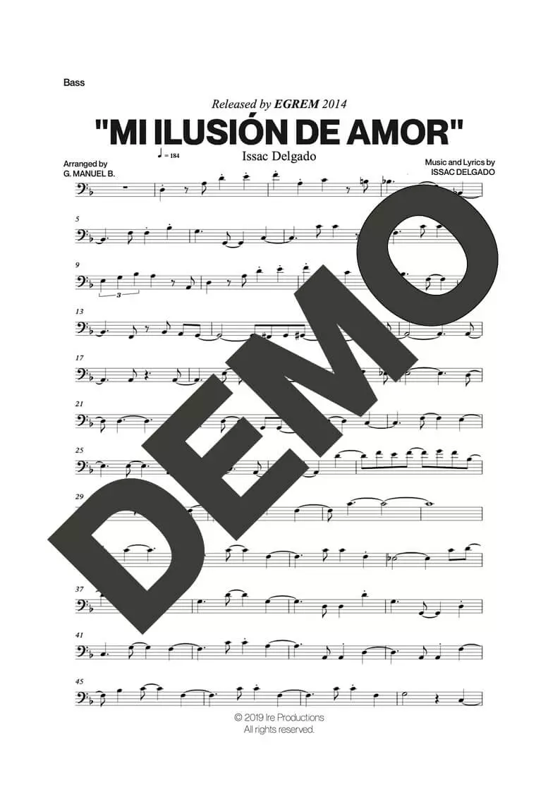 Issac Delgado – Mi Ilusión de Amor – Sheet Music Demo Page 5 (PDF) – Includes charts for Trumpets, Trombones, Saxophone, Piano and Bass