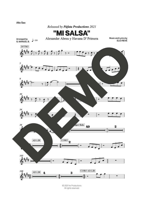 Havana D' Primera – Mi Salsa – First Page of Sheet Music Preview (PDF) – Includes charts for Trumpets, Trombones, Saxophone, Piano and Bass