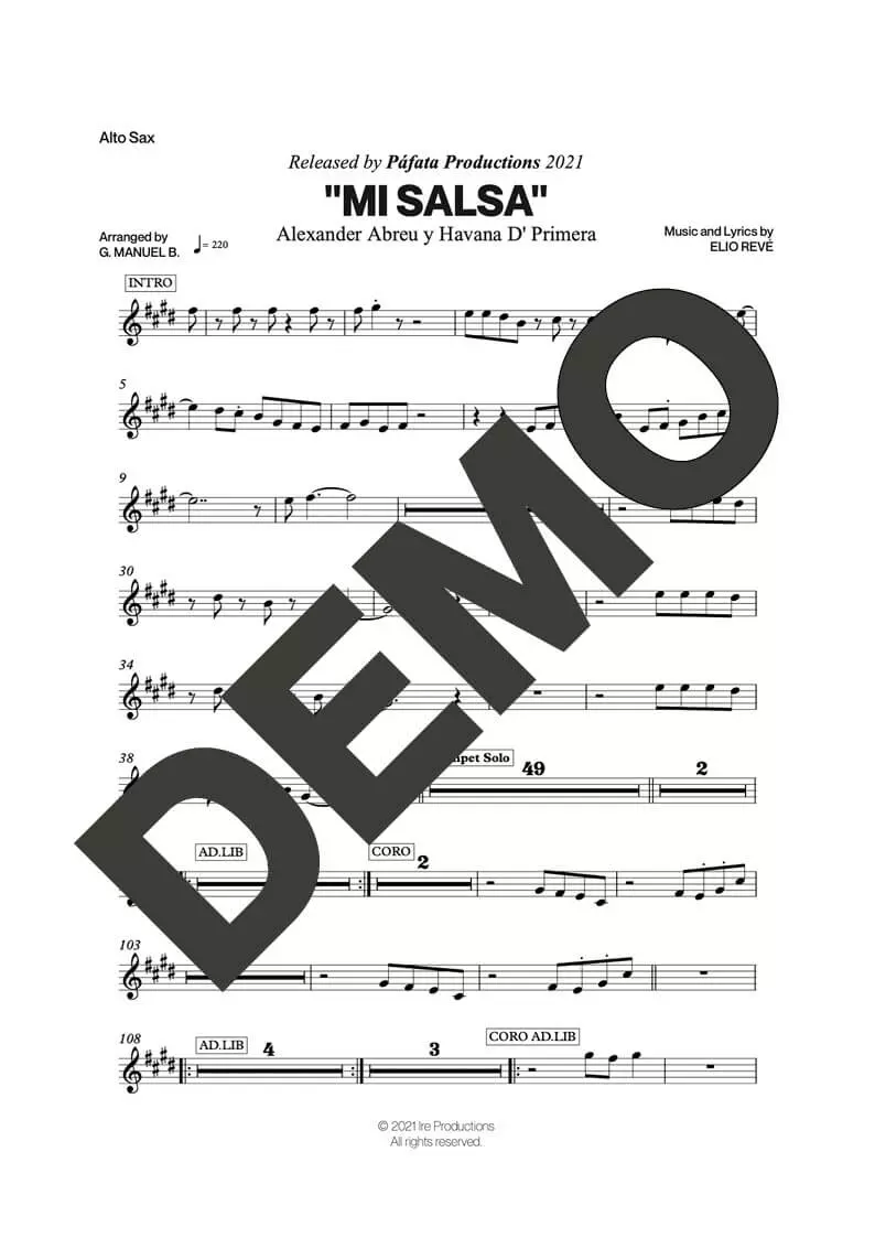 Havana D' Primera – Mi Salsa – First Page of Sheet Music Preview (PDF) – Includes charts for Trumpets, Trombones, Saxophone, Piano and Bass