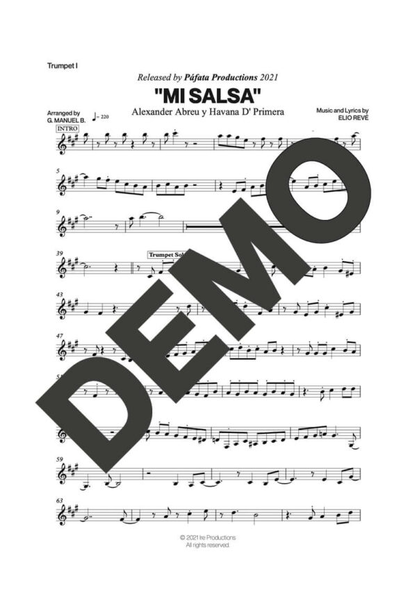 Havana D' Primera – Mi Salsa – Sheet Music Demo Page 1 (PDF) – Includes charts for Trumpets, Trombones, Saxophone, Piano and Bass