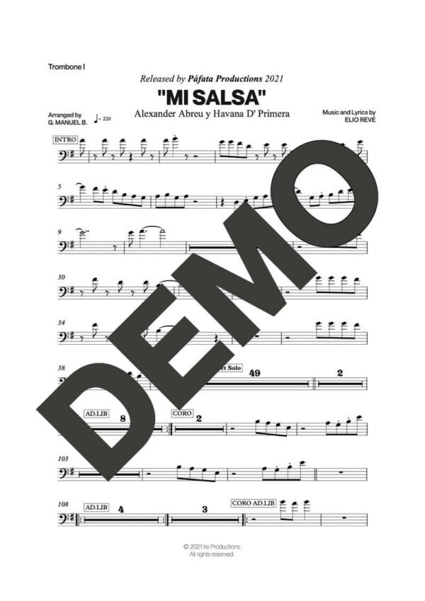 Havana D' Primera – Mi Salsa – Sheet Music Demo Page 2 (PDF) – Includes charts for Trumpets, Trombones, Saxophone, Piano and Bass