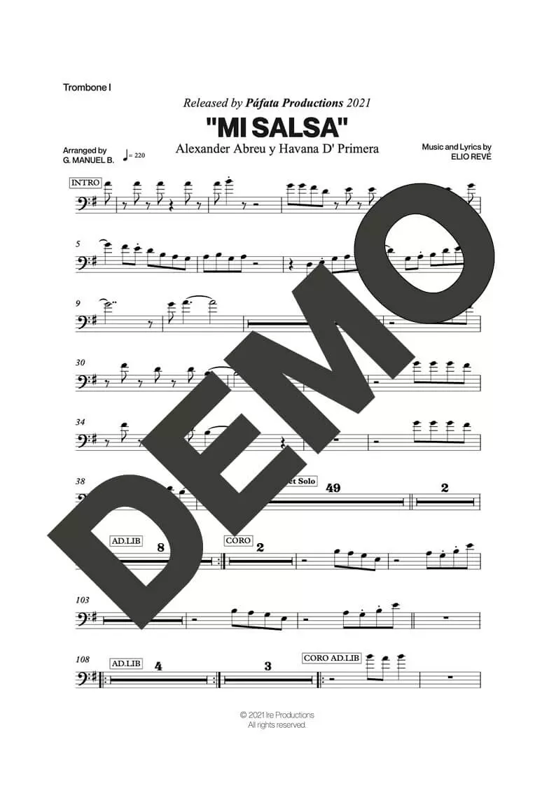 Havana D' Primera – Mi Salsa – Sheet Music Demo Page 2 (PDF) – Includes charts for Trumpets, Trombones, Saxophone, Piano and Bass