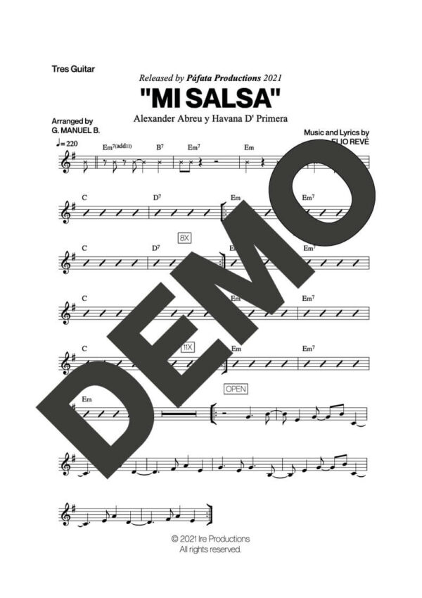 Havana D' Primera – Mi Salsa – Sheet Music Demo Page 3 (PDF) – Includes charts for Trumpets, Trombones, Saxophone, Piano and Bass