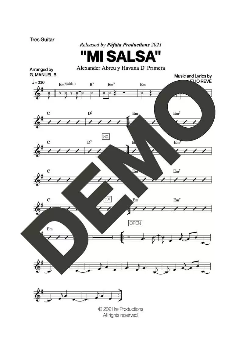 Havana D' Primera – Mi Salsa – Sheet Music Demo Page 3 (PDF) – Includes charts for Trumpets, Trombones, Saxophone, Piano and Bass