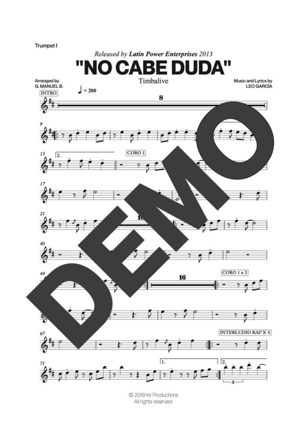 Timbalive – No Cabe Duda – Sheet Music Demo Page 1 (PDF) – Includes charts for Trumpets, Trombones, Saxophone, Piano and Bass